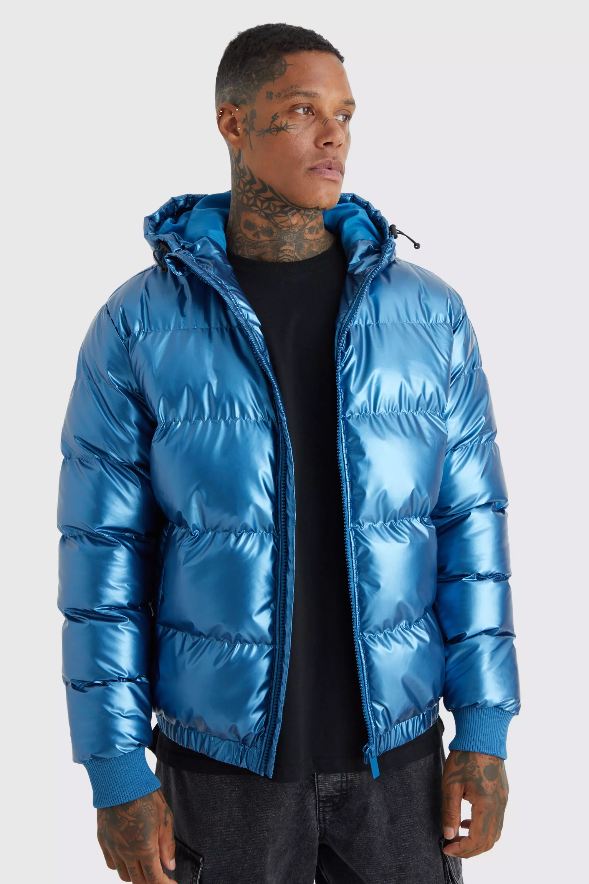 Metallic hooded puffer store jacket